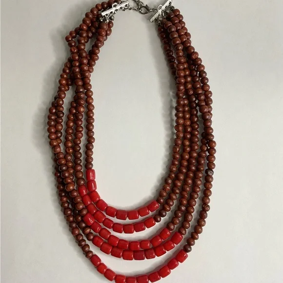 Beaded Red and Brown Multi Strand Necklace - Picture 2 of 4